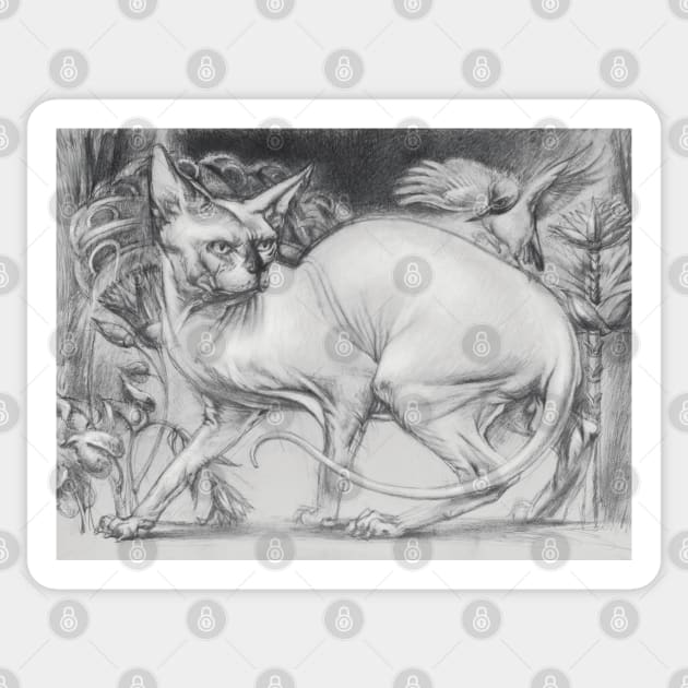 Realistic Sphinx Cat Graphite Drawing in Lush Garden - Black and White Art Sticker by Vlad